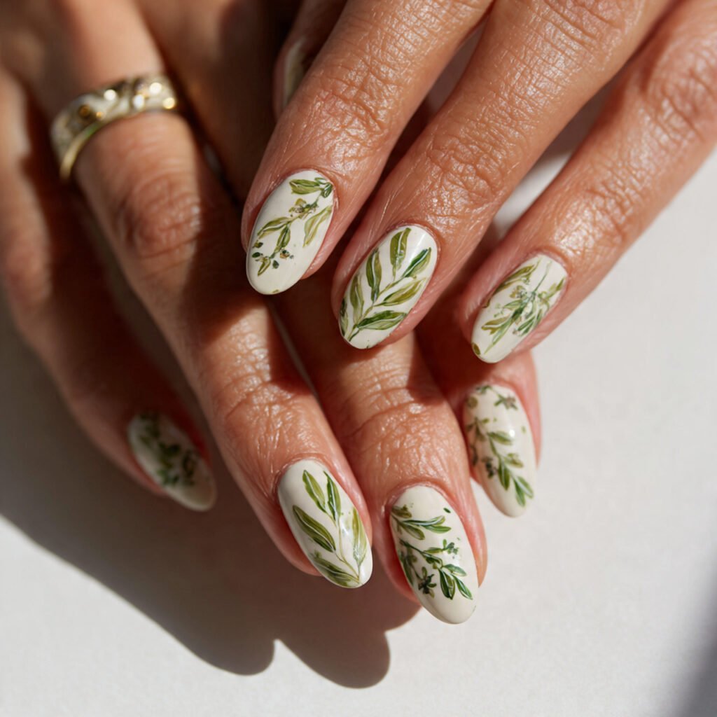 27 Early Spring Nails Ideas That Are Totally Fresh & Trendy 2026 21 Botanical Leaf Nail Ideas