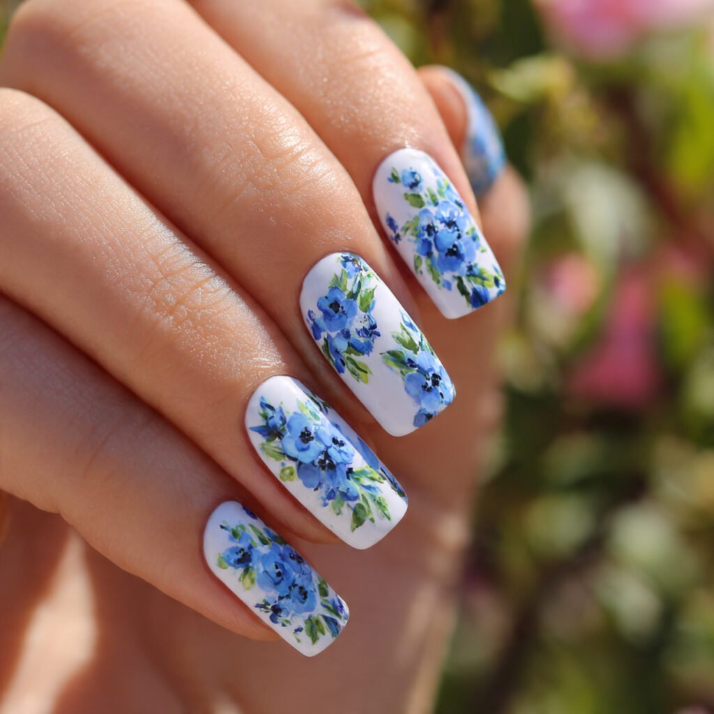 Blue Floral Nail Art