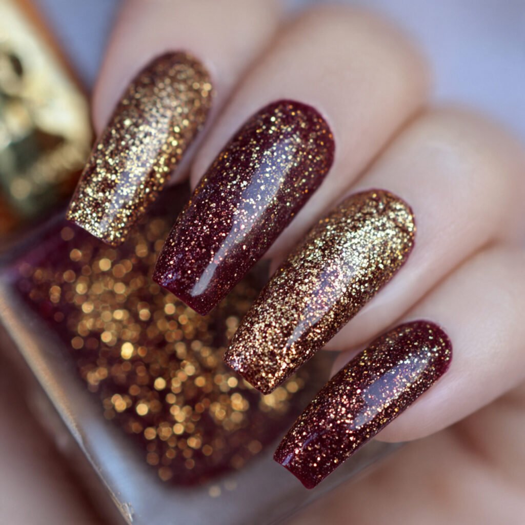 27 Stunning Thanksgiving Nail Ideas for a Festive Look 18 Glitter Gold Nail Ideas