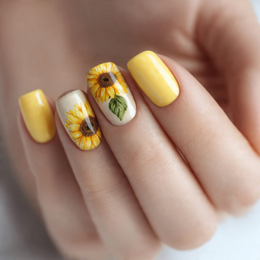 25 Awesome Summer Nails Square Designs That Make Every Outfit Better 19 Sunflower Yellow Print