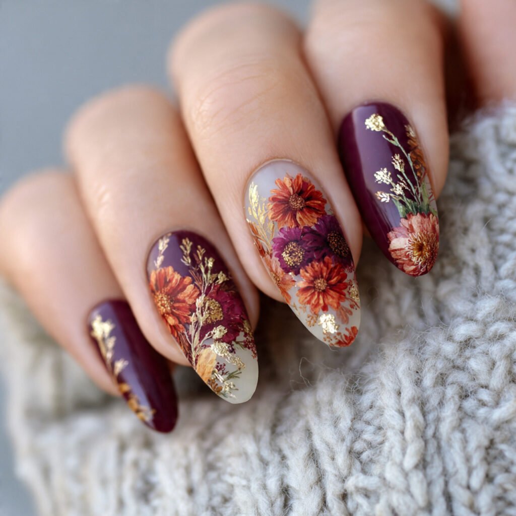 27 Stunning Thanksgiving Nail Ideas for a Festive Look 26 Fall Floral Nail Ideas