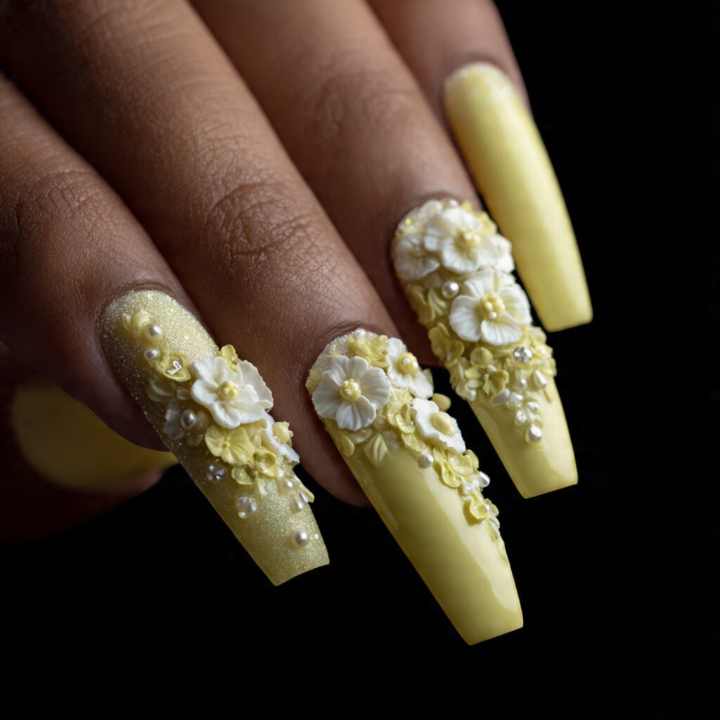 28 Fresh Butter Yellow Nail Ideas Every Nail Lover Needs to See 20 Butter Yellow 3D Floral Nail Ideas