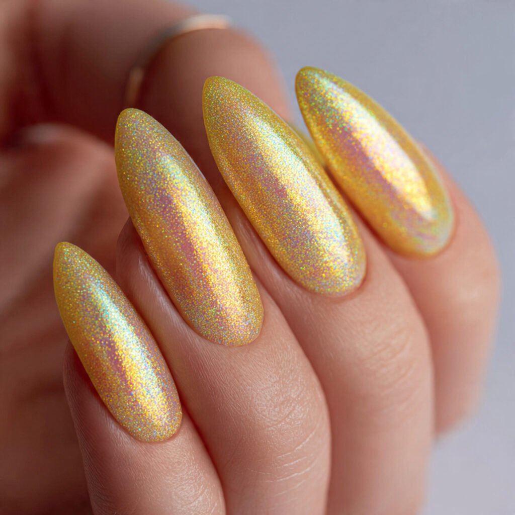 28 Fresh Butter Yellow Nail Ideas Every Nail Lover Needs to See 26 Butter Yellow Holographic Nail Ideas