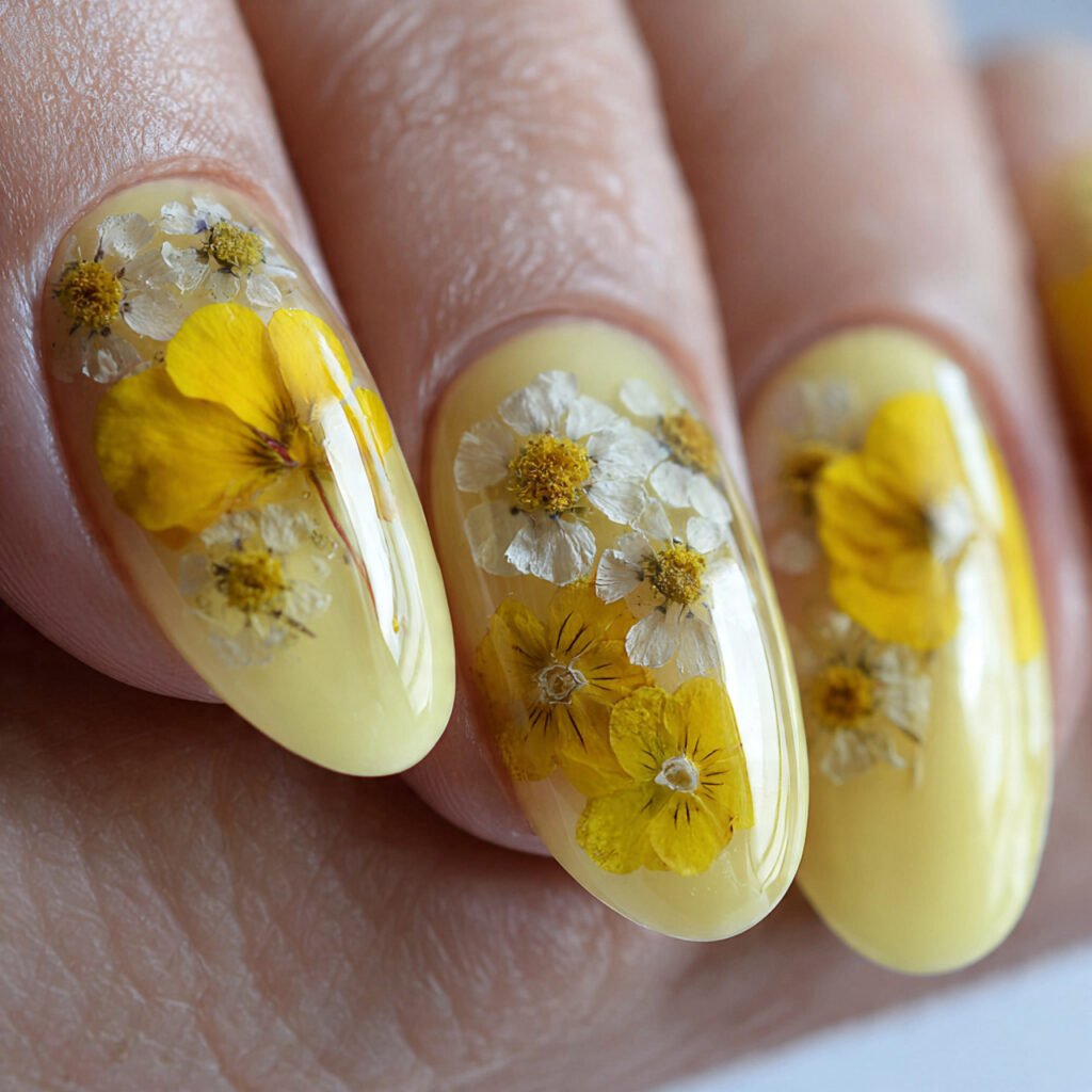 28 Fresh Butter Yellow Nail Ideas Every Nail Lover Needs to See 16 Butter Yellow Pressed Flower Nail Ideas