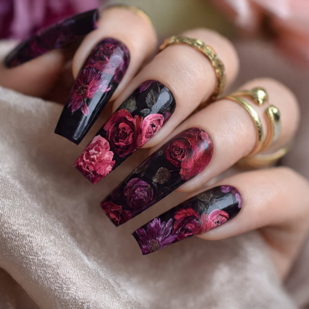 26 Stunning Fall Nail Ideas to Transform Your Look This Season 18 Dark Floral Fall Nail Ideas