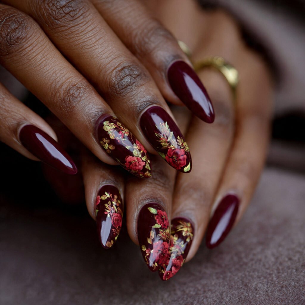29 Fall Nail Ideas for Black Women From Burgundy to Gold Chrome 12 Dark Floral Fall Nail Ideas