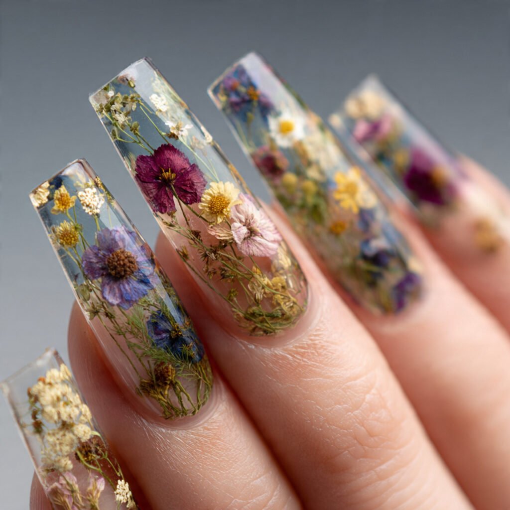 29 Best Easter Nail Ideas for a Fresh Spring Look 30 Clear gloss with dried flowers