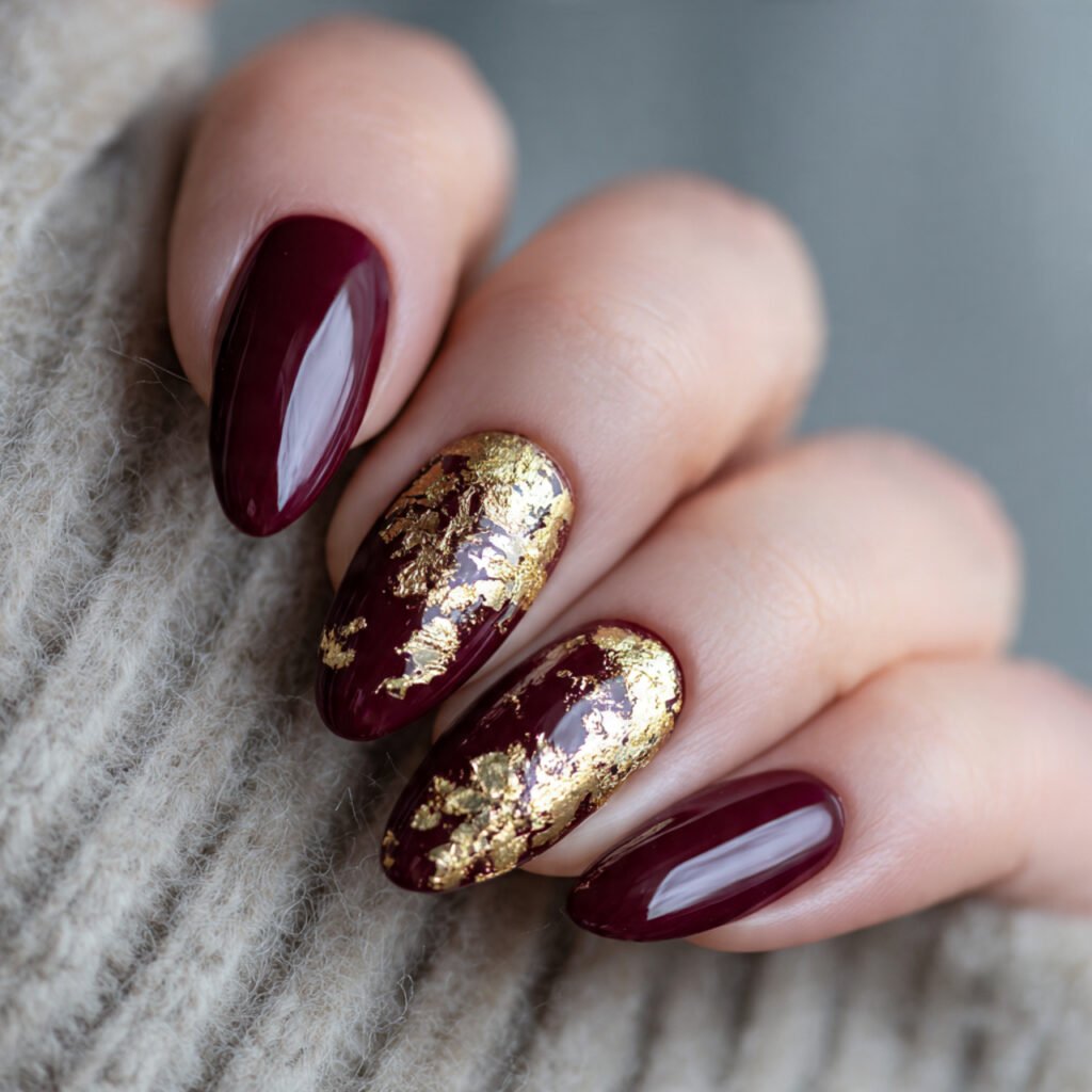 27 Holiday Nail Ideas That Will Make Your Festive Season Shine 7 Gold Foil Holiday Nail Ideas