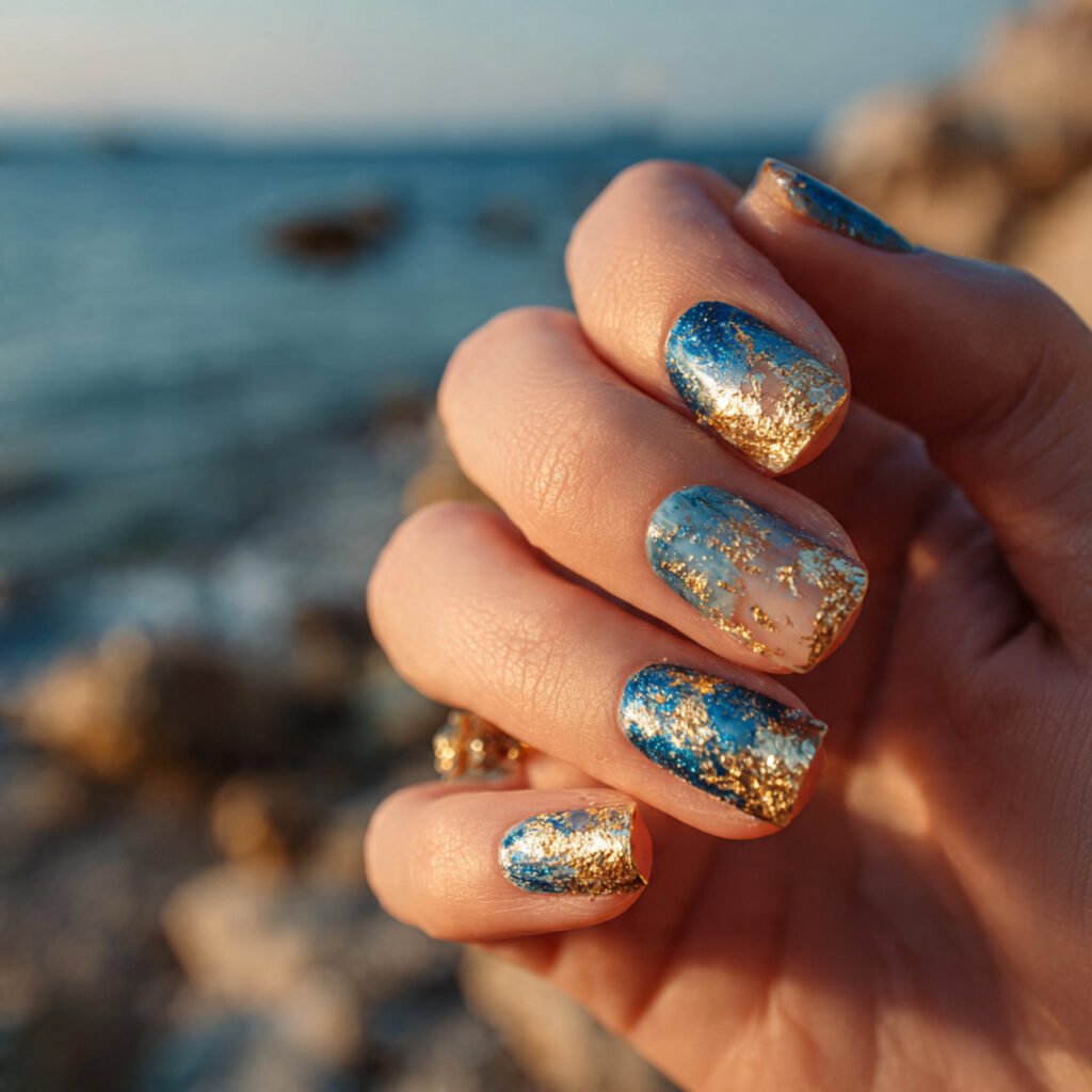 28 Top beach nail ideas: Stunning Designs for Summer 2026 22 Luxurious Gold Foil Shoreline Ideas