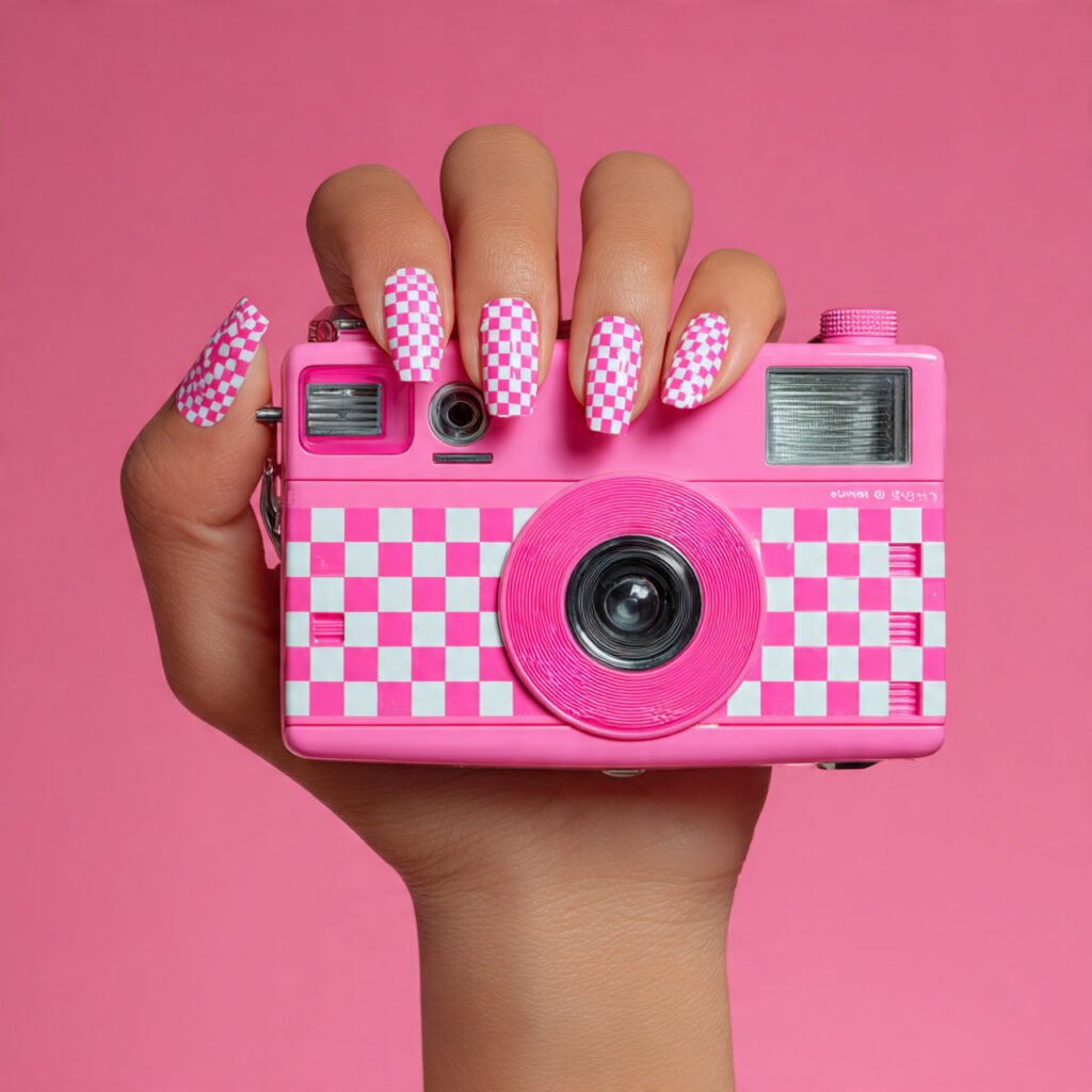 29 Fresh Pink Spring Nails Ideas to Refresh Your Look in 2026 22 Electric Pink Checkerboard Design
