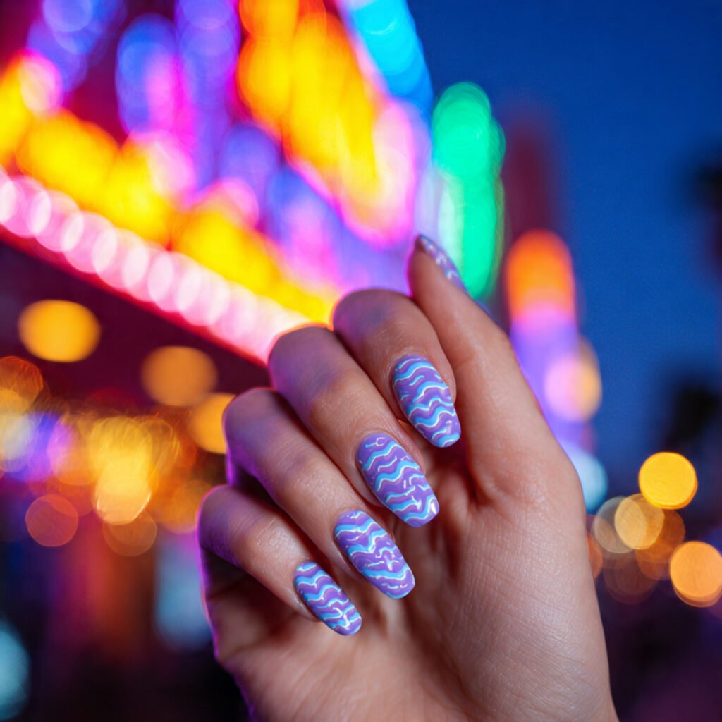 30 Fresh Bright Spring Nails Ideas to Try for a Vibrant Look 15 Neon Lavender Retro Waves