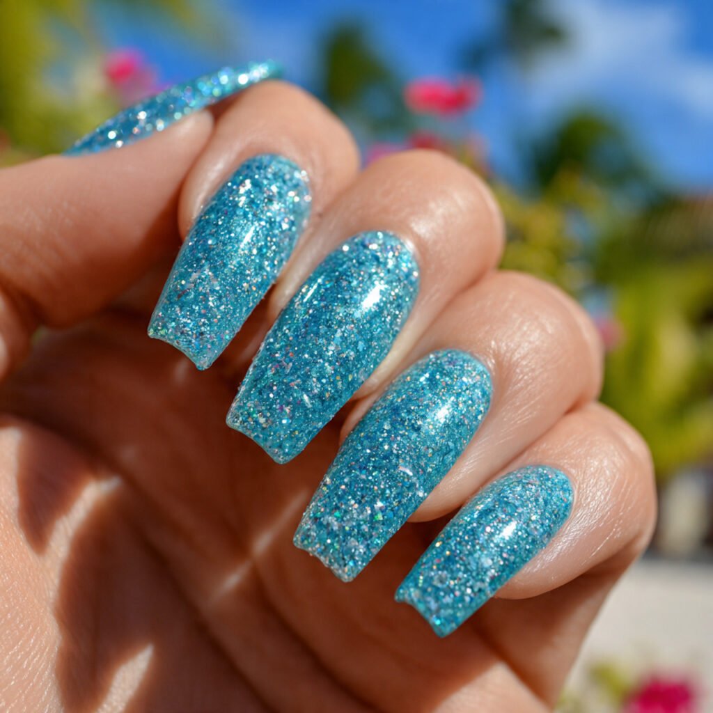 29Trending Blue Spring Nails Ideas for a Chic and Airy Style 29 Sparkling Aquamarine Glitter