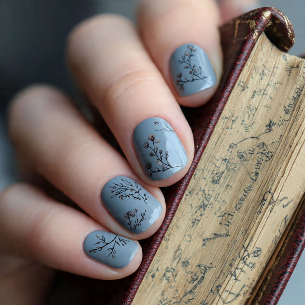 29Trending Blue Spring Nails Ideas for a Chic and Airy Style 7 Dusty Blue Botanical Illustrations