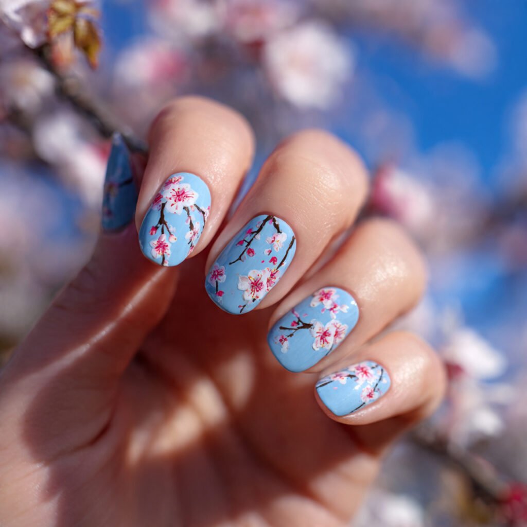 29Trending Blue Spring Nails Ideas for a Chic and Airy Style 20 Light Blue Cherry Blossom Fusion