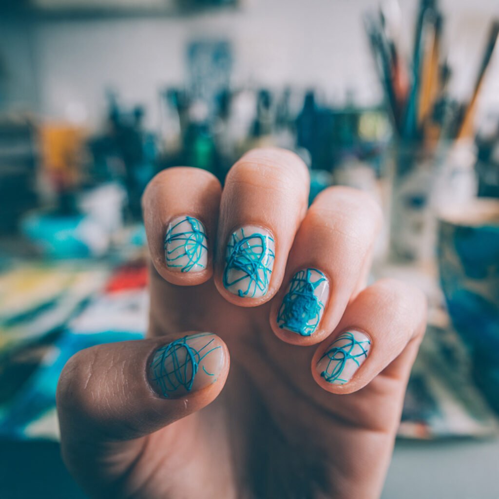 29Trending Blue Spring Nails Ideas for a Chic and Airy Style 23 Bright Cyan Abstract Linework