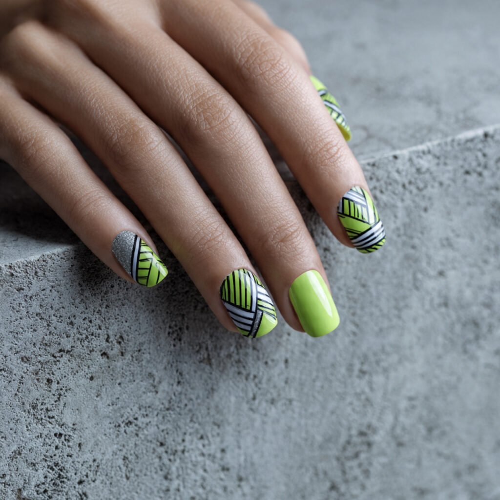 30 Fresh Bright Spring Nails Ideas to Try for a Vibrant Look 7 Lime Green Geometric Patterns