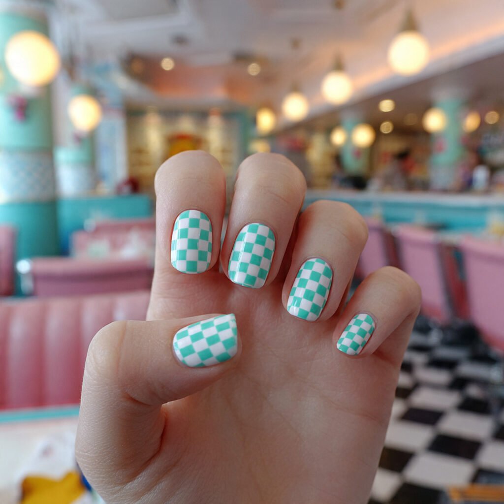 30 Fresh Bright Spring Nails Ideas to Try for a Vibrant Look 13 Bright Mint Green Checkerboard