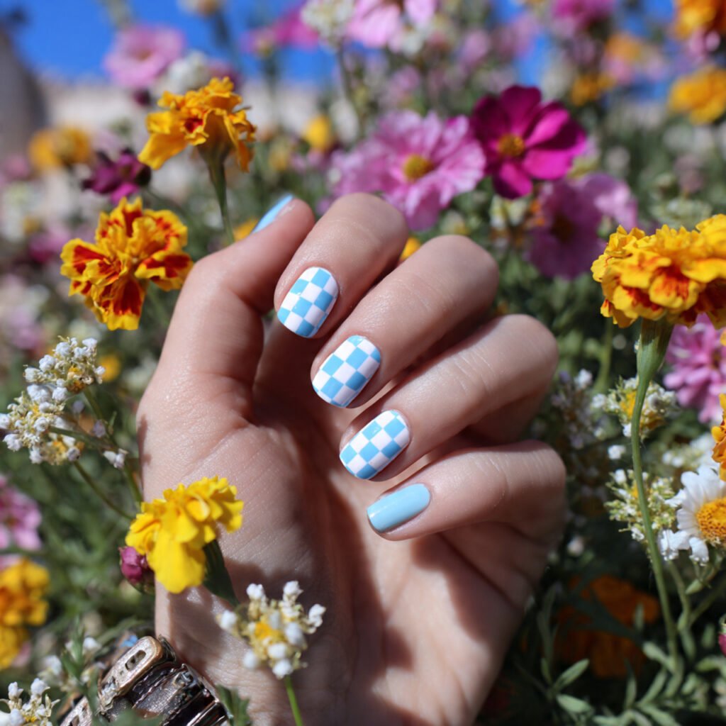 29Trending Blue Spring Nails Ideas for a Chic and Airy Style 14 Pastel Blue Checkerboard Design