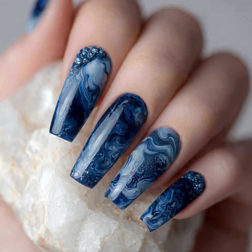 29Trending Blue Spring Nails Ideas for a Chic and Airy Style 6 Navy Blue Marble Swirls