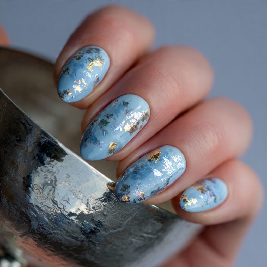 29Trending Blue Spring Nails Ideas for a Chic and Airy Style 19 Metallic Azure Foil Details