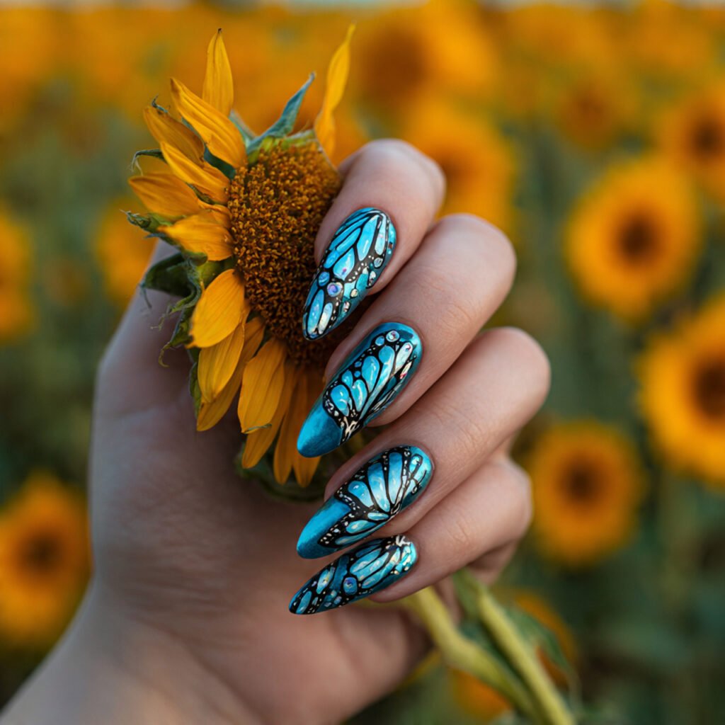 29Trending Blue Spring Nails Ideas for a Chic and Airy Style 11 Turquoise Butterfly Wing Art