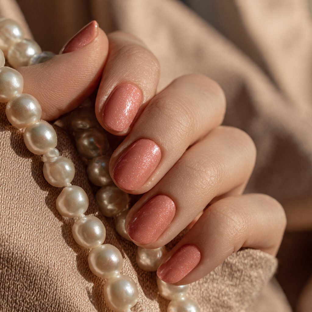 29 Fresh Pink Spring Nails Ideas to Refresh Your Look in 2026 23 Pearlescent Salmon Pink Shimmer