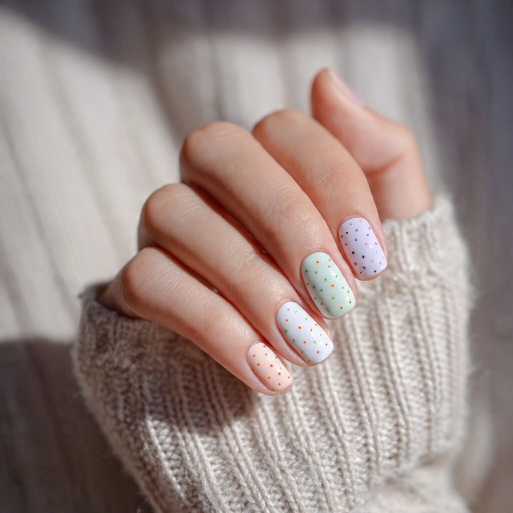 27 Best Easter Nail Ideas Short Square Designs for Spring 2026 11 Tiny Polka Dot Arrangement