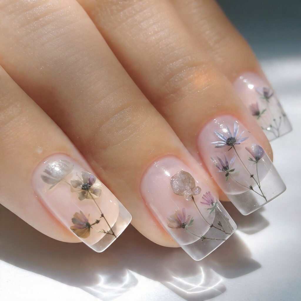 27 Best Easter Nail Ideas Short Square Designs for Spring 2026 16 Transparent Floral Press Style