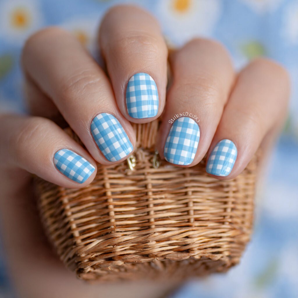 27 Best Easter Nail Ideas Short Square Designs for Spring 2026 9 Sky Blue Gingham Print