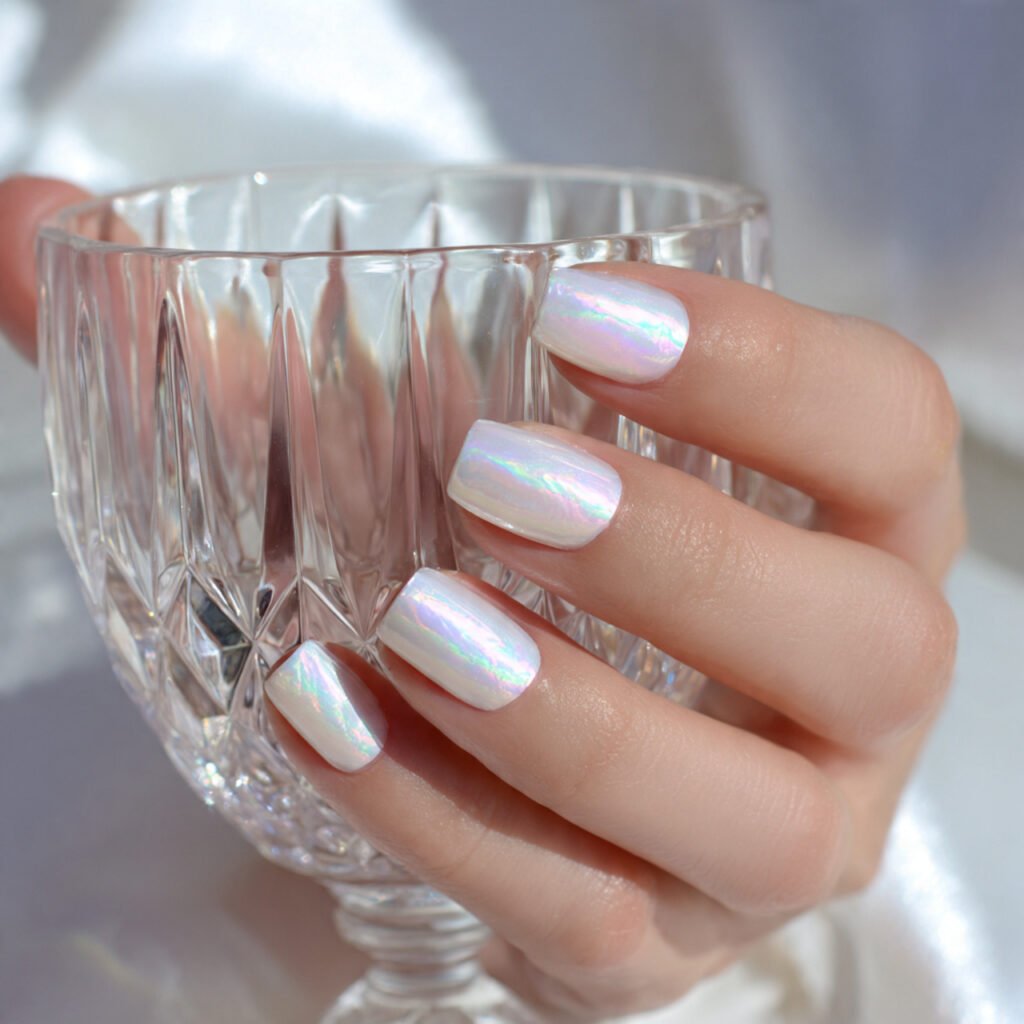 27 Best Easter Nail Ideas Short Square Designs for Spring 2026 6 Shimmering Iridescent Pearl Style