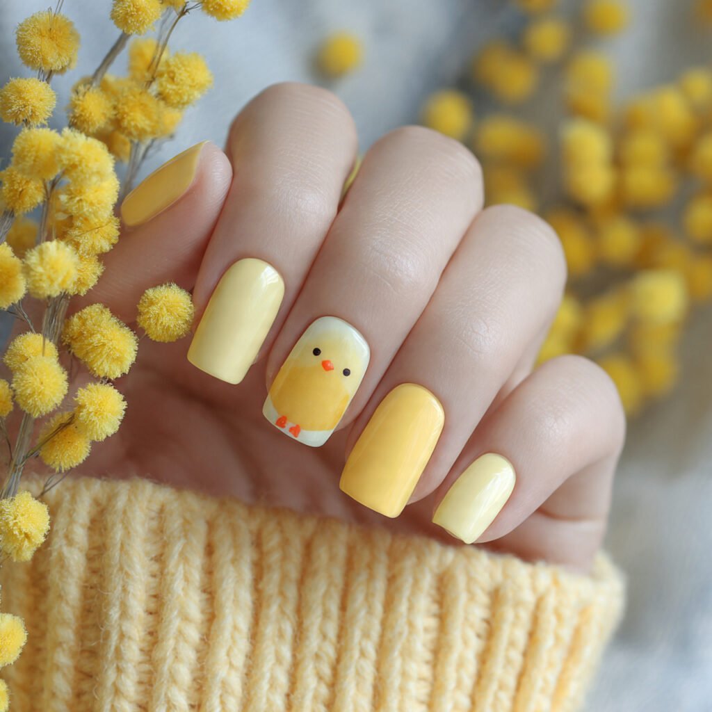 27 Best Easter Nail Ideas Short Square Designs for Spring 2026 5 Pale Yellow Chick Motif