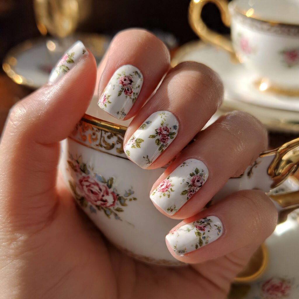 27 Best Easter Nail Ideas Short Square Designs for Spring 2026 23 Teacup Floral Print Style