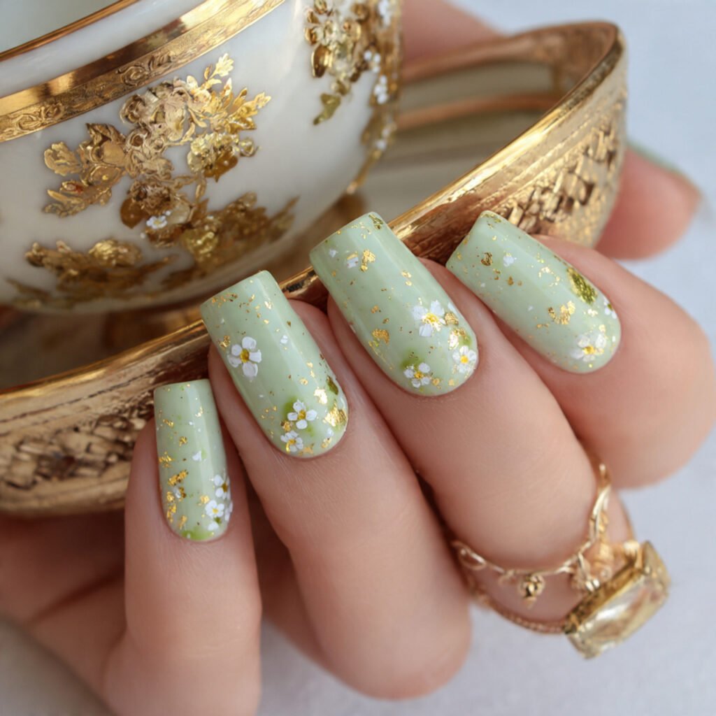 27 Best Easter Nail Ideas Short Square Designs for Spring 2026 15 Gold Leaf Garden Accent