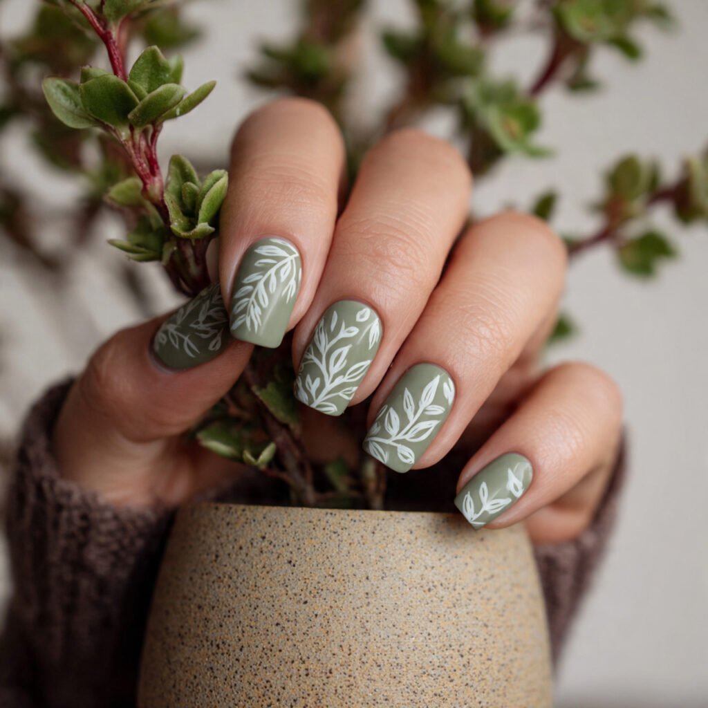 29 Best Easter Nail Ideas for a Fresh Spring Look 28 Sage green botanical prints