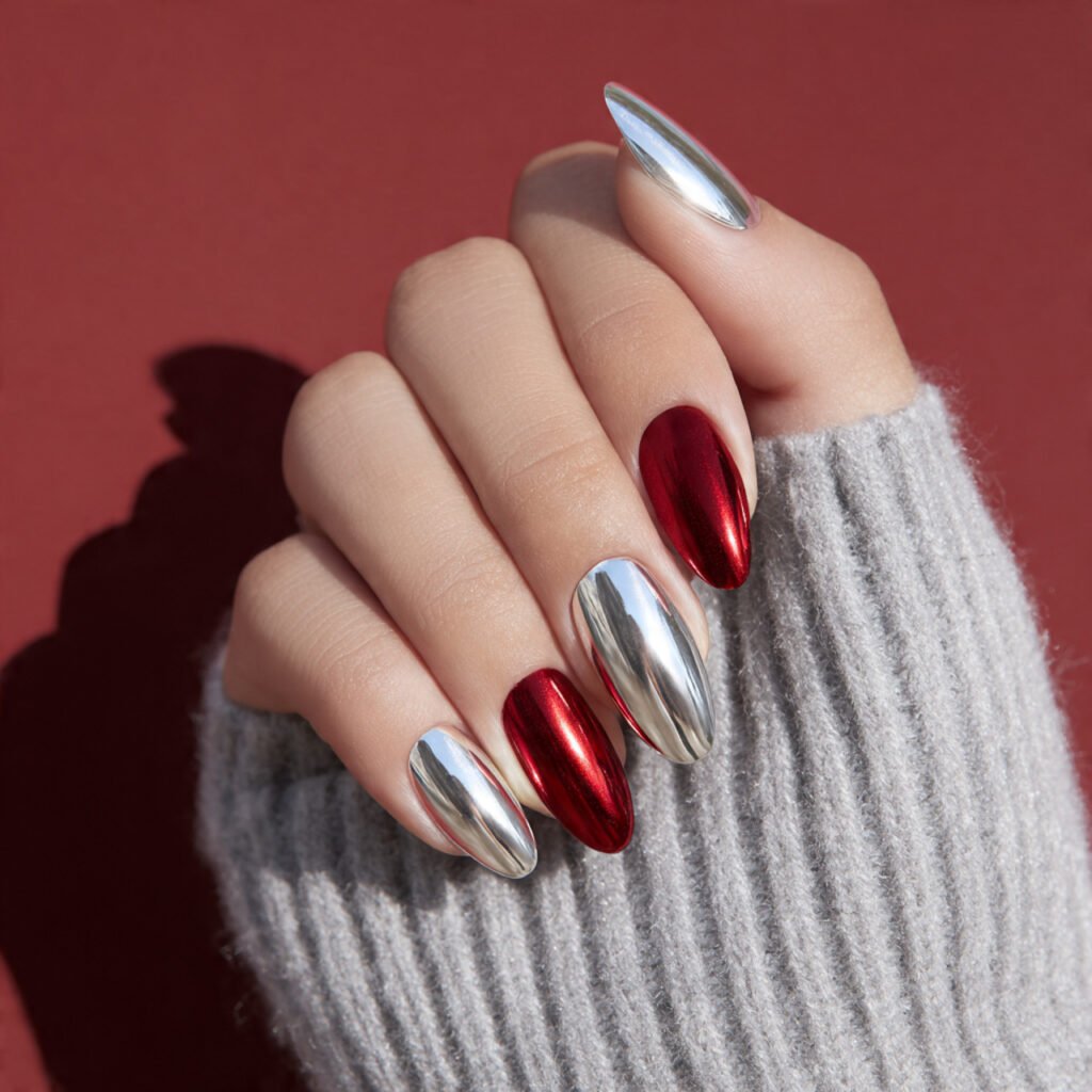 27 Holiday Nail Ideas That Will Make Your Festive Season Shine 18 Silver Chrome Holiday Nail Ideas