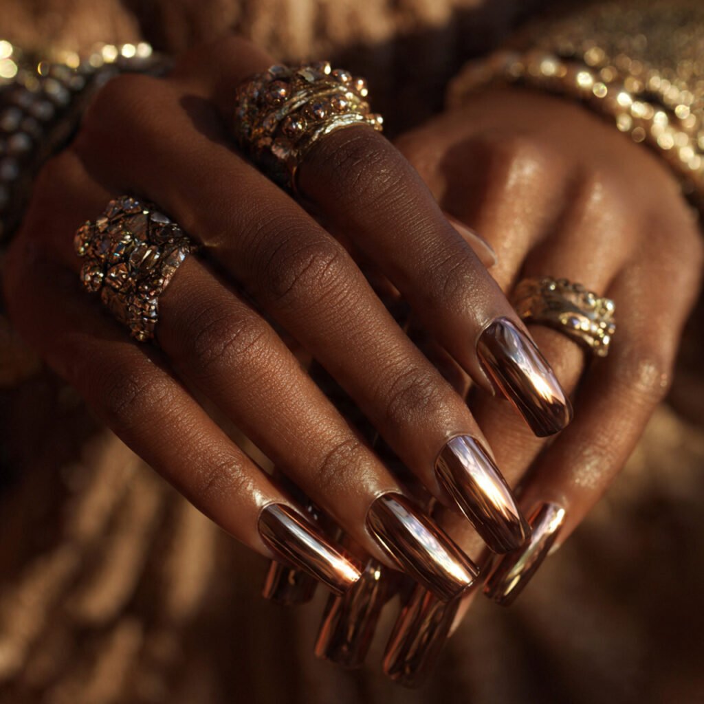 29 Fall Nail Ideas for Black Women From Burgundy to Gold Chrome 5 Warm Gold Chrome Nail Ideas