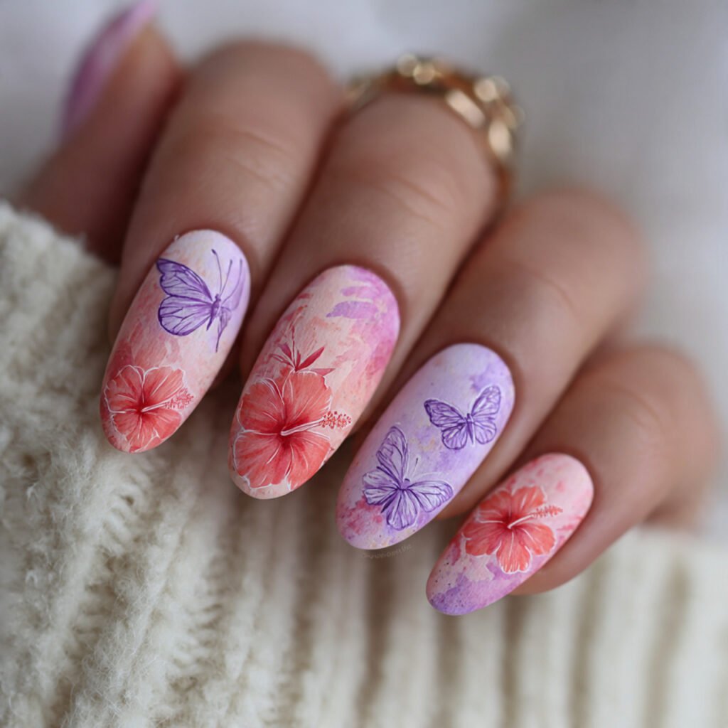 Hibiscus and Butterfly Nail Ideas