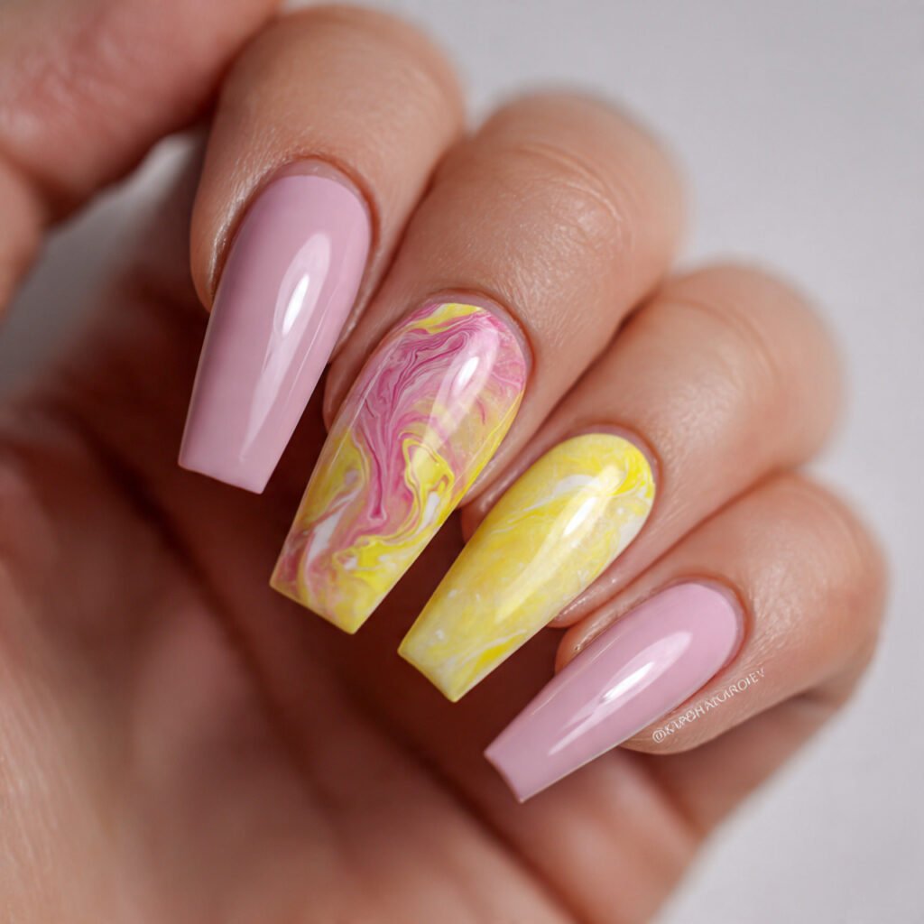Pink and Yellow Marble Nail Ideas