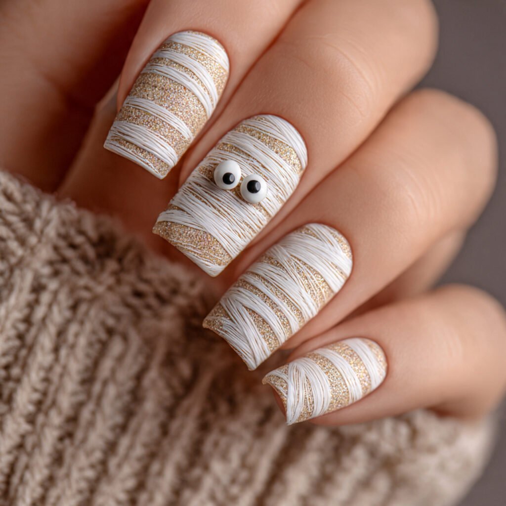 30 Best Halloween Nail Ideas for Every Vibe and Skill Level 14 Mummy Wrap Nail Art