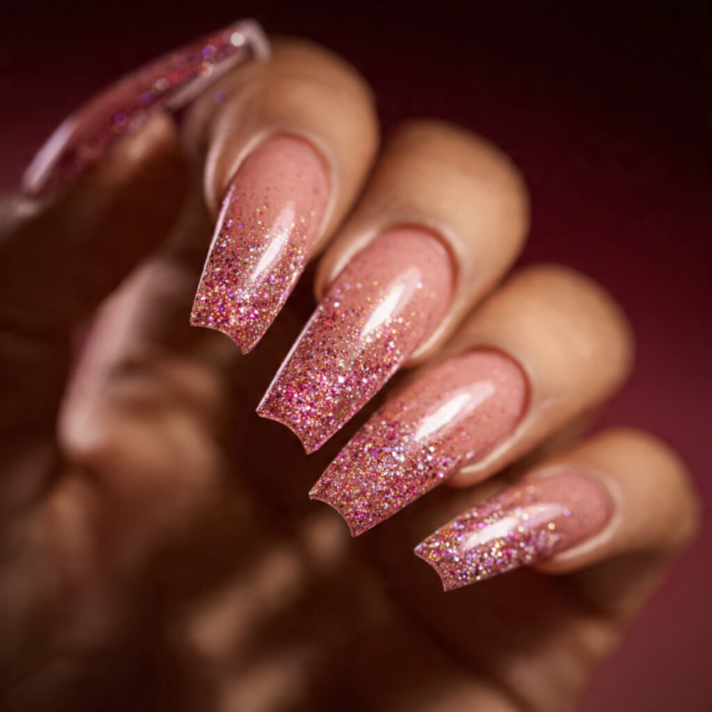 Pink Glitter Tip Acrylic Nails