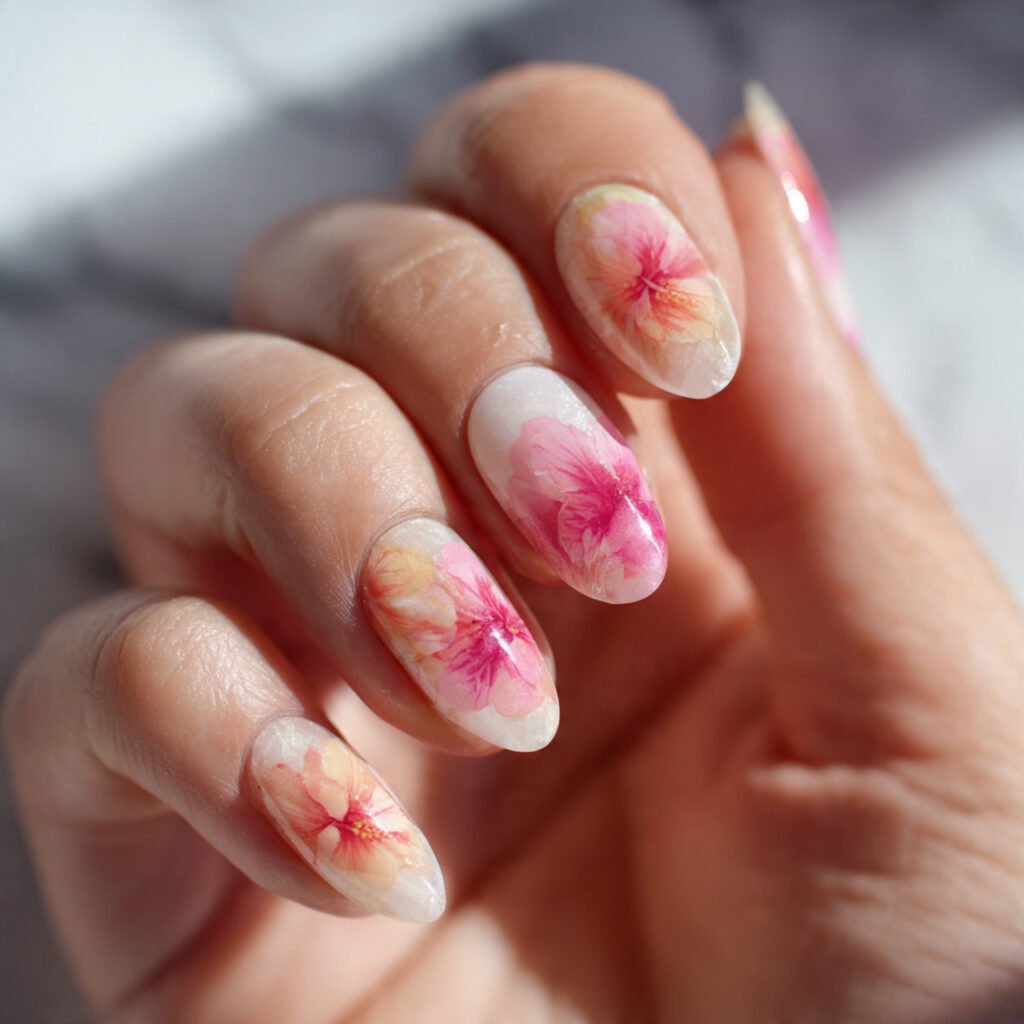 Hibiscus Watercolor Nail Ideas