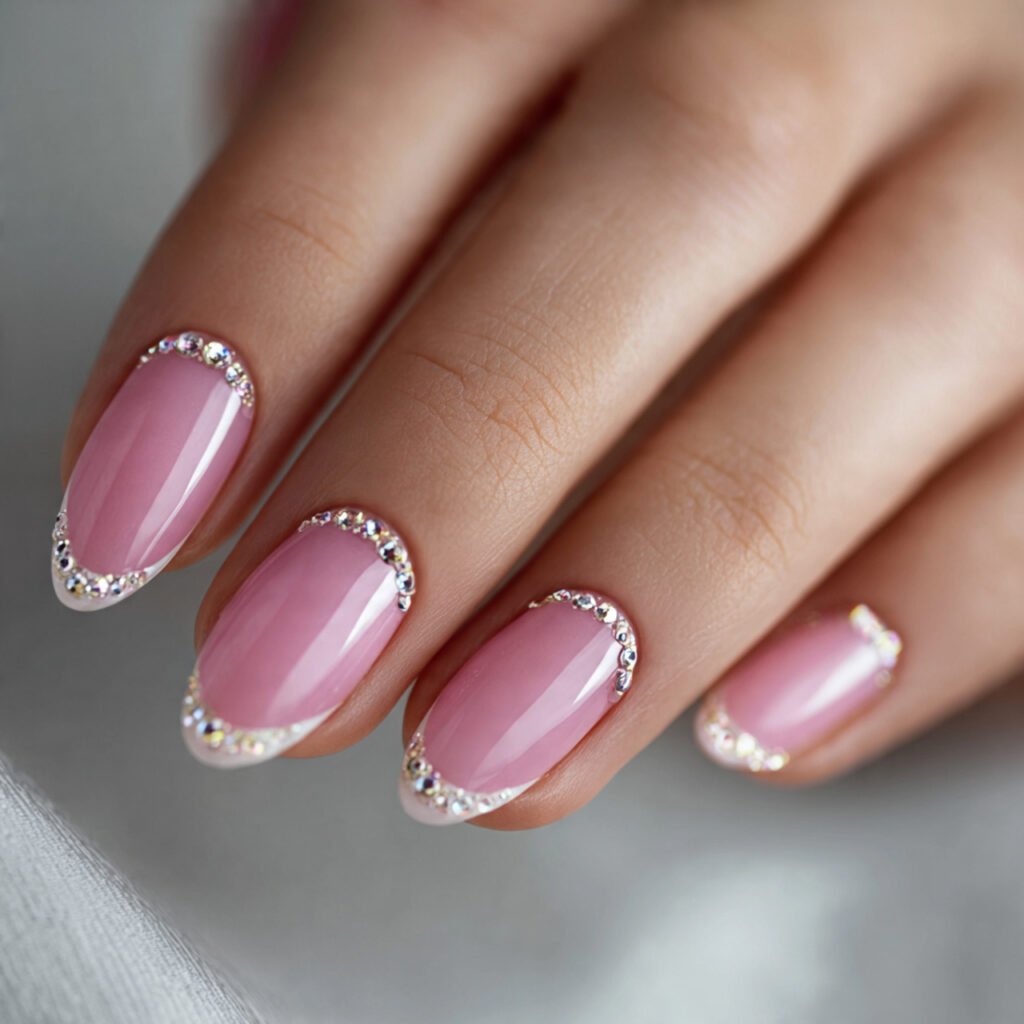 Pink French Tip with Rhinestones