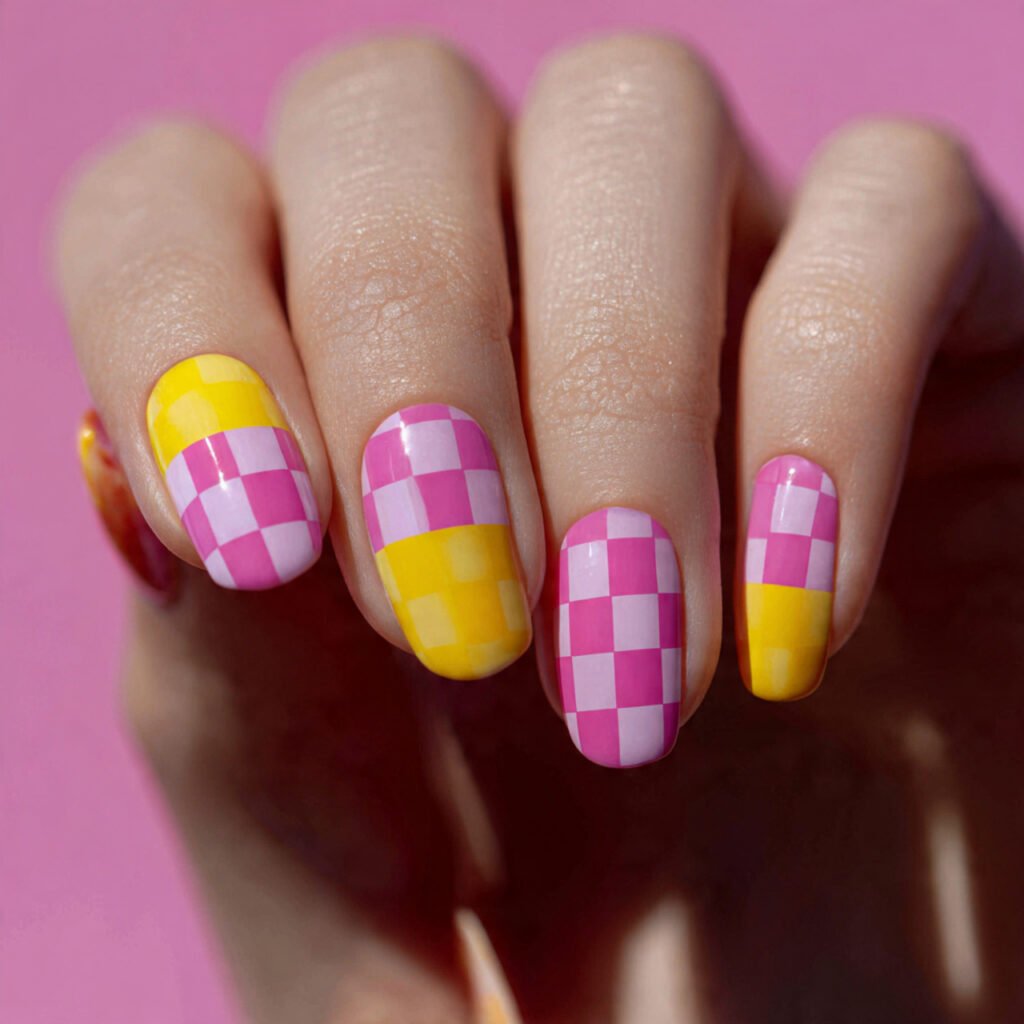 Pink and Yellow Checkerboard Nail Ideas