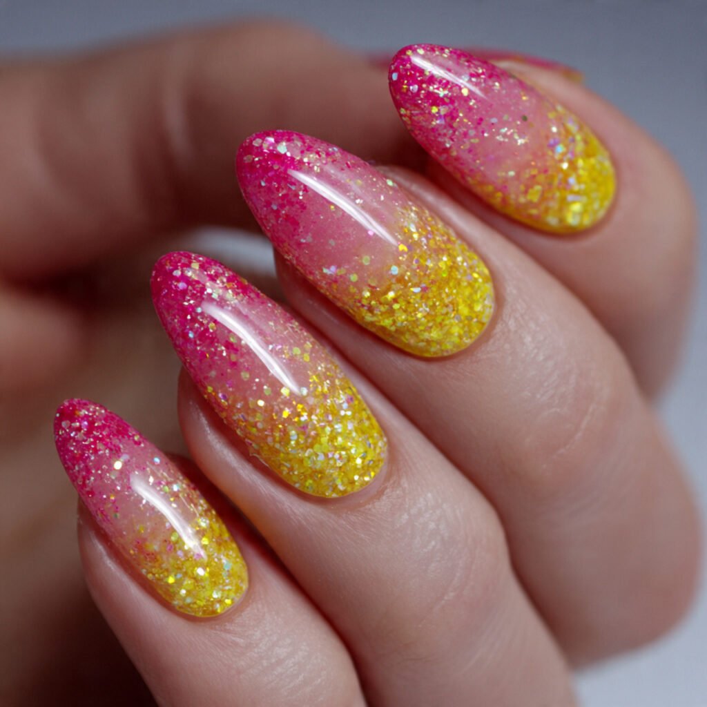 Pink and Yellow Glitter Nail Ideas