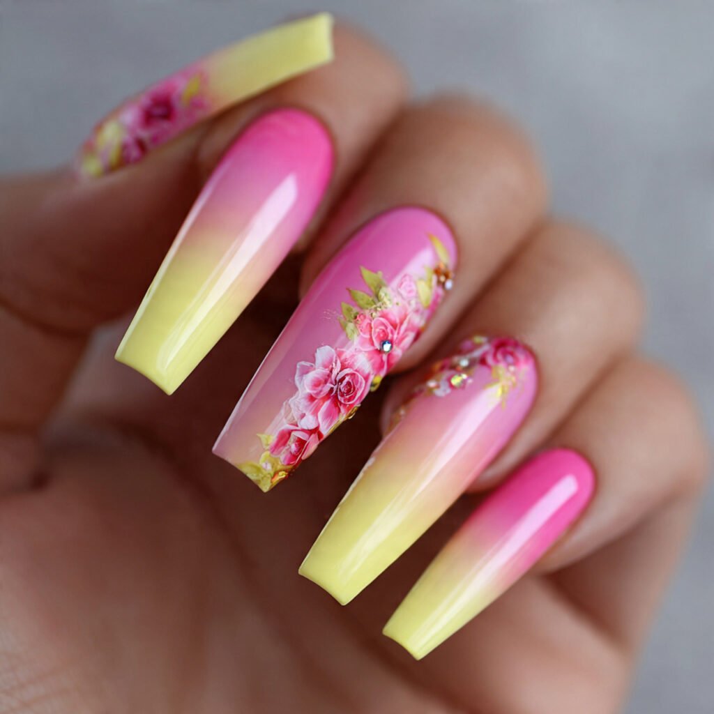 Pink and Yellow Coffin Nail Ideas