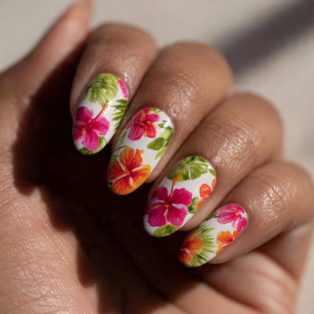 Tropical Floral Almond Nail Ideas