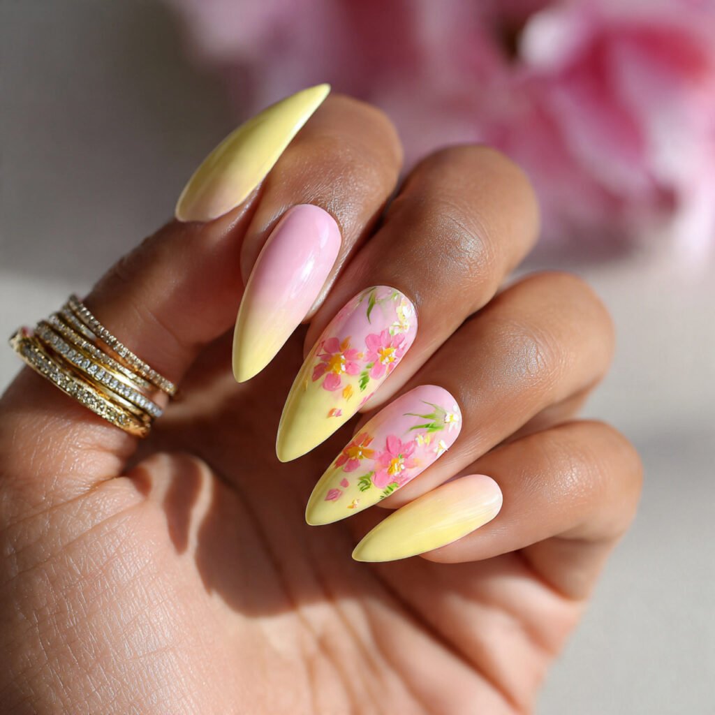 Pink and Yellow Press On Nail Ideas