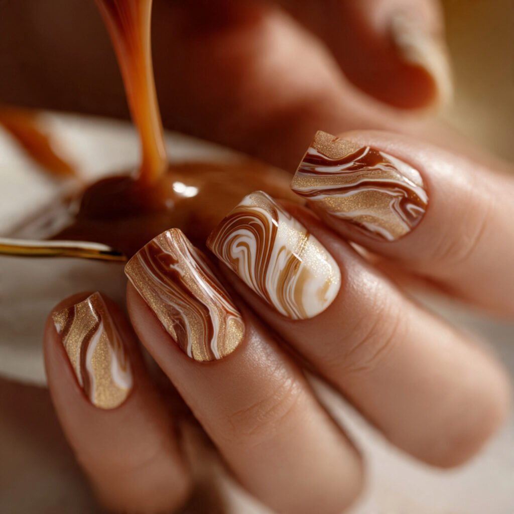 28 Stunning End of Summer Nail Color Ideas You Need to Try Now 20 Caramel Swirl Nail Ideas