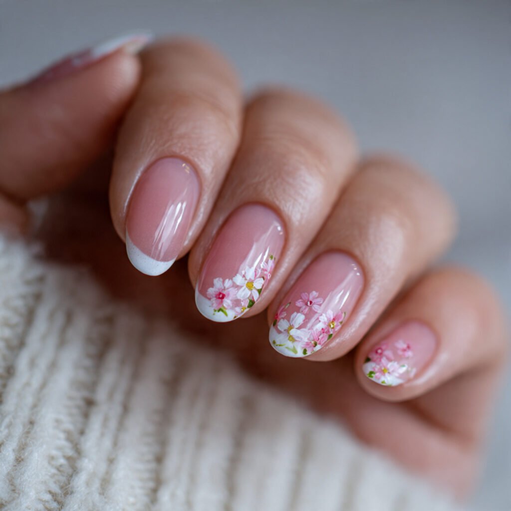 Pink French Tip with Flowers
