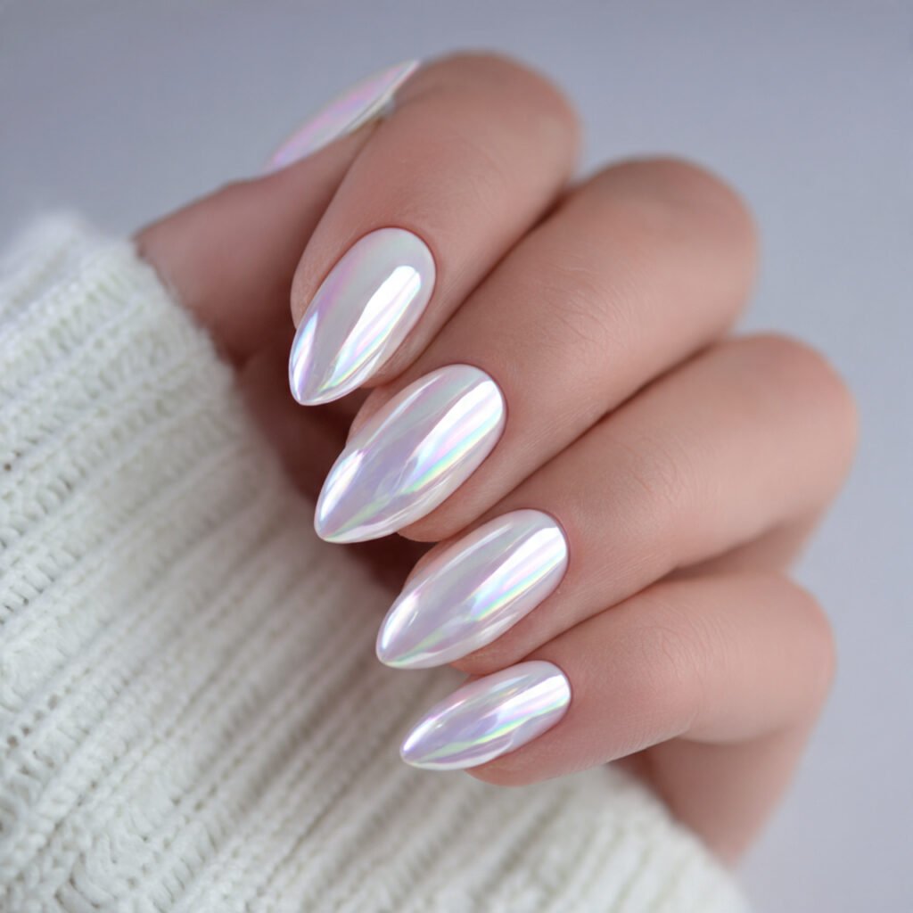 Pearl and Chrome Almond Nail Ideas